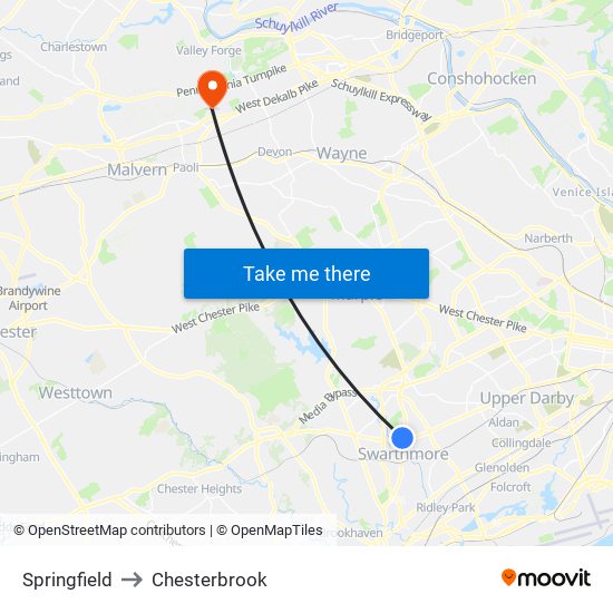 Springfield to Chesterbrook map