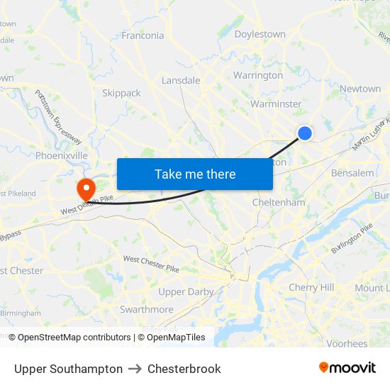 Upper Southampton to Chesterbrook map