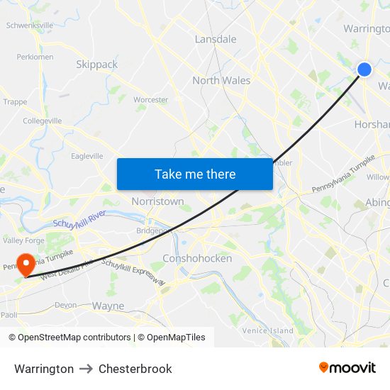 Warrington to Chesterbrook map