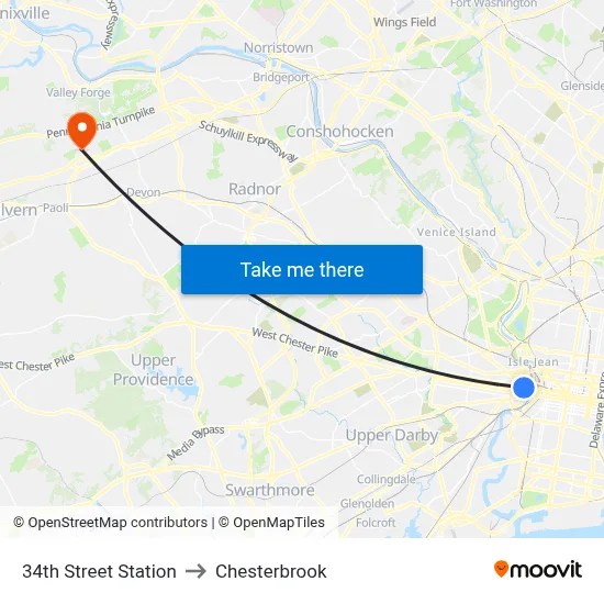 34th Street Station to Chesterbrook map