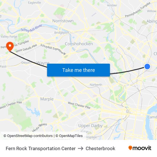 Fern Rock Transportation Center to Chesterbrook map