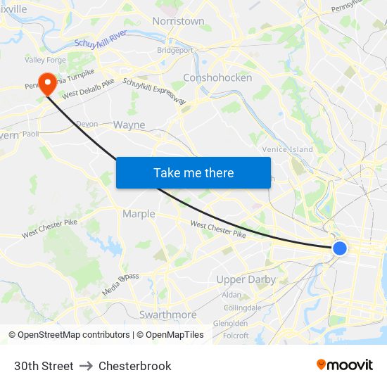 30th Street to Chesterbrook map