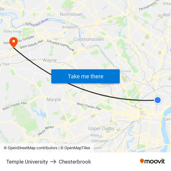 Temple University to Chesterbrook map