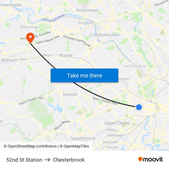 52nd St Station to Chesterbrook map