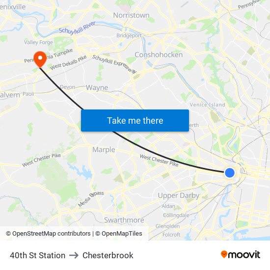 40th St Station to Chesterbrook map