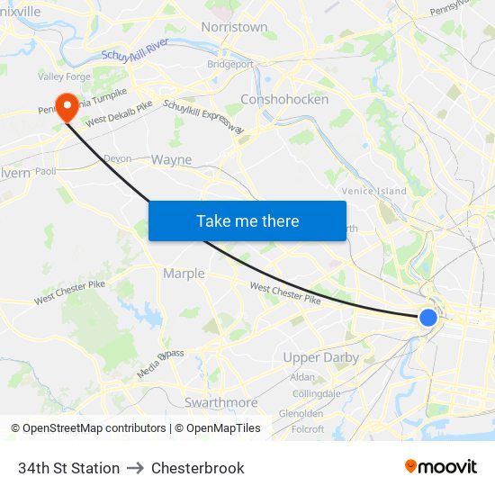 34th St Station to Chesterbrook map