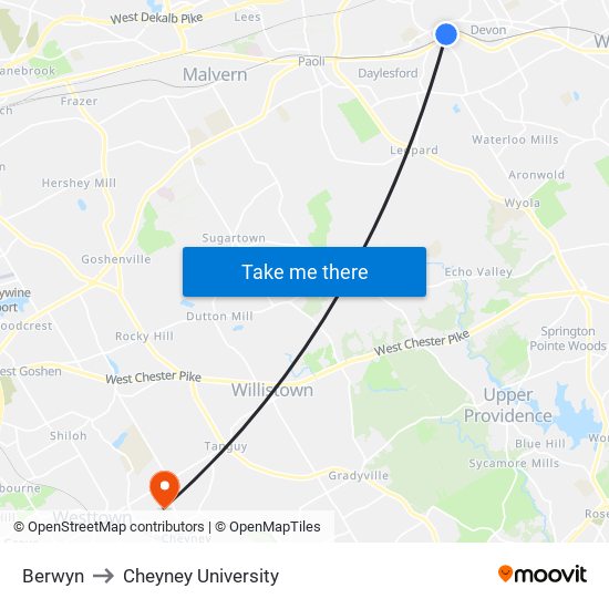 Berwyn to Cheyney University map