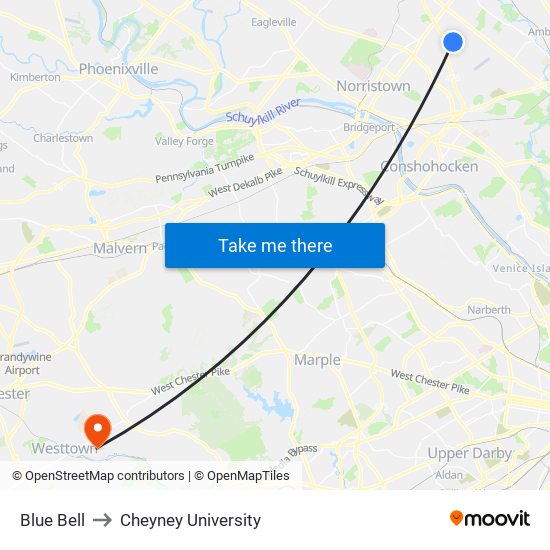 Blue Bell to Cheyney University map