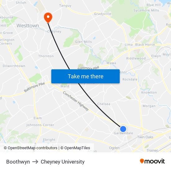 Boothwyn to Cheyney University map