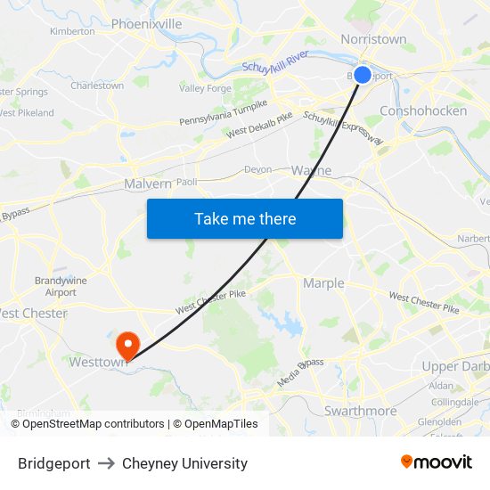Bridgeport to Cheyney University map
