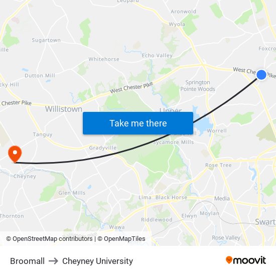 Broomall to Cheyney University map