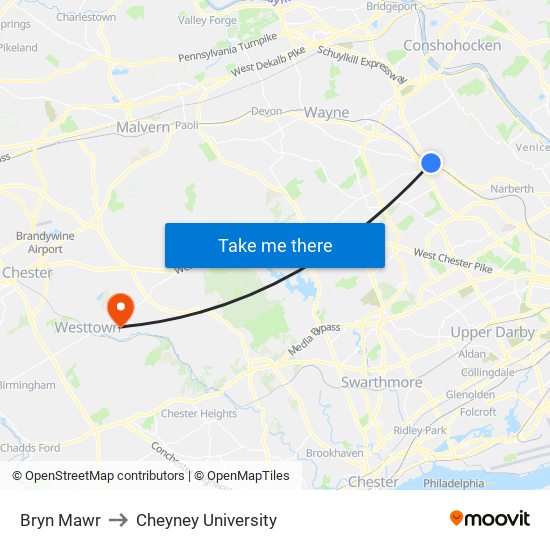 Bryn Mawr to Cheyney University map