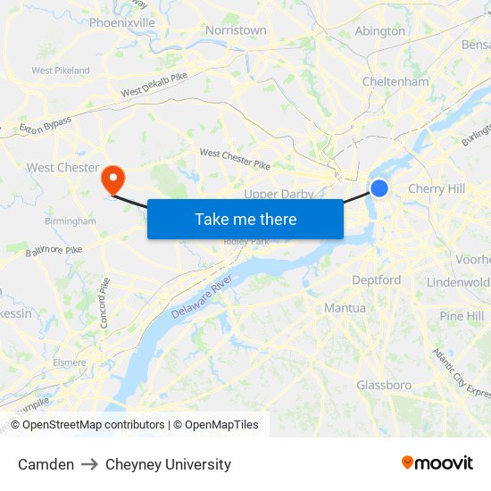 Camden to Cheyney University map