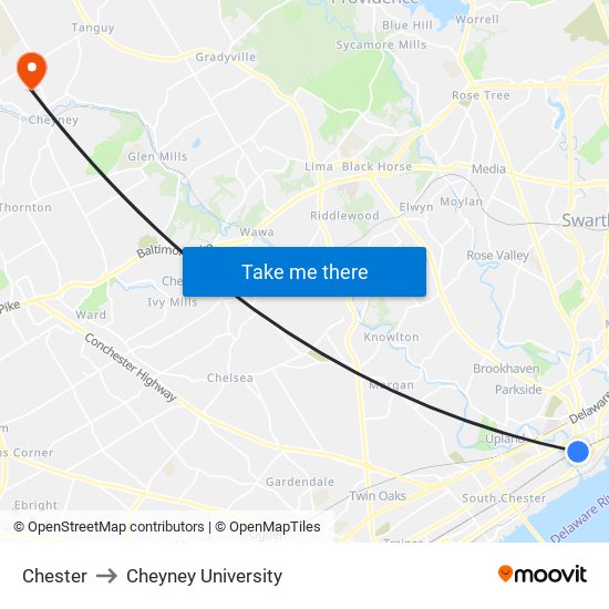 Chester to Cheyney University map