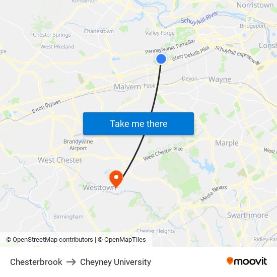Chesterbrook to Cheyney University map