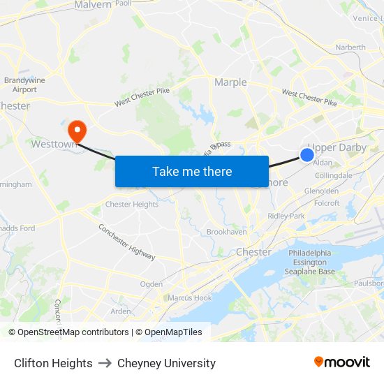 Clifton Heights to Cheyney University map