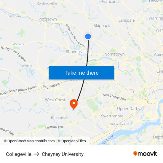 Collegeville to Cheyney University map