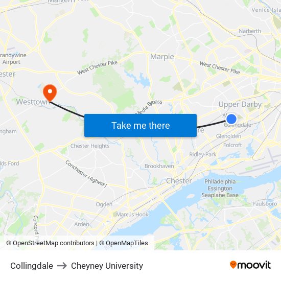 Collingdale to Cheyney University map