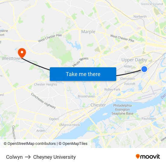 Colwyn to Cheyney University map
