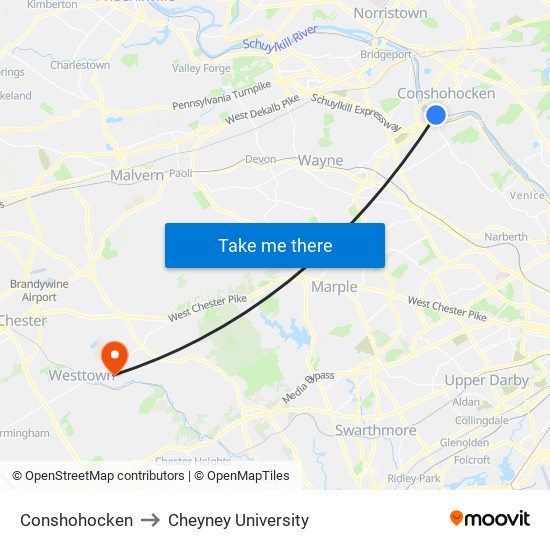 Conshohocken to Cheyney University map