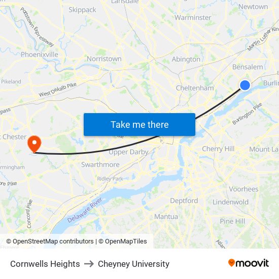 Cornwells Heights to Cheyney University map