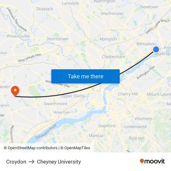 Croydon to Cheyney University map