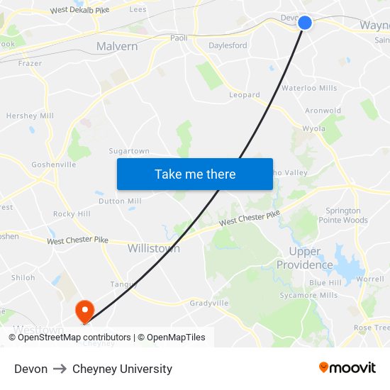 Devon to Cheyney University map