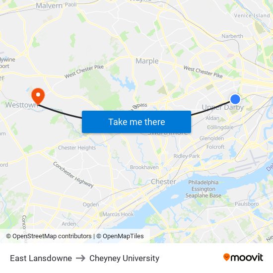 East Lansdowne to Cheyney University map