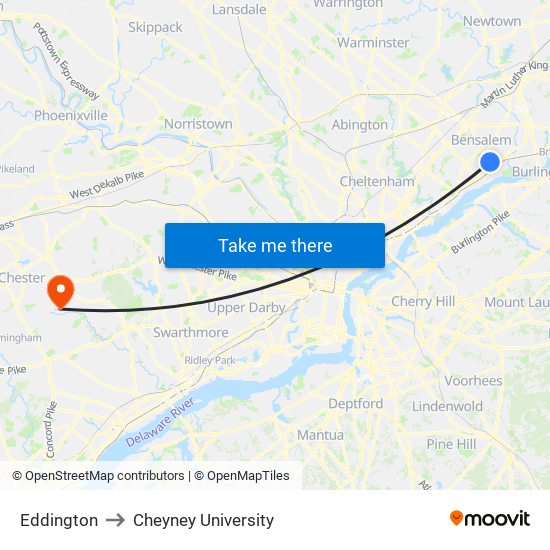 Eddington to Cheyney University map