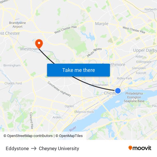 Eddystone to Cheyney University map