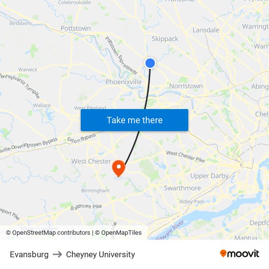 Evansburg to Cheyney University map