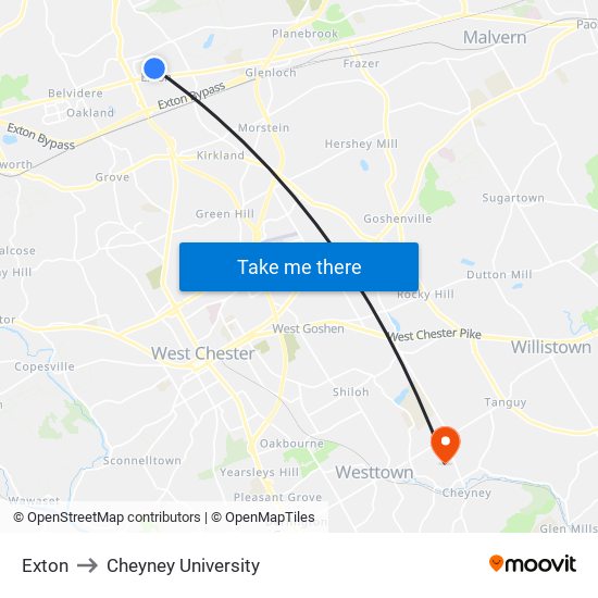 Exton to Cheyney University map