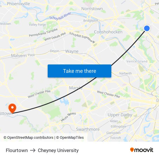 Flourtown to Cheyney University map