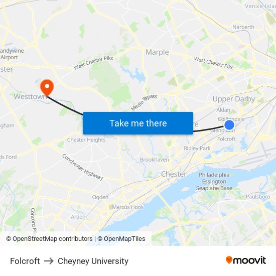 Folcroft to Cheyney University map