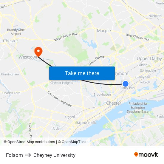Folsom to Cheyney University map