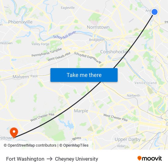 Fort Washington to Cheyney University map
