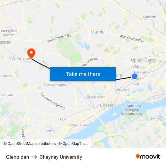 Glenolden to Cheyney University map