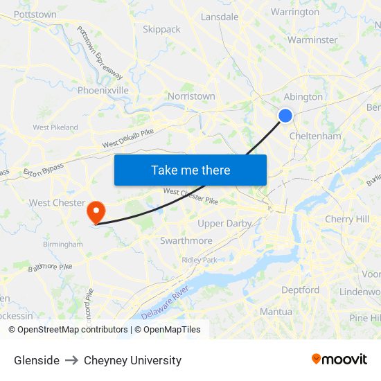 Glenside to Cheyney University map