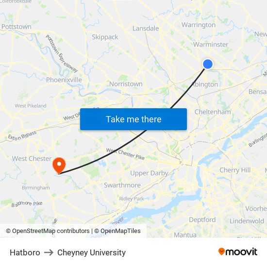Hatboro to Cheyney University map