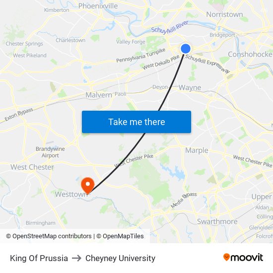 King Of Prussia to Cheyney University map
