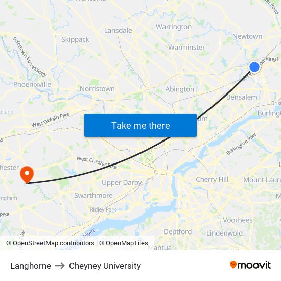 Langhorne to Cheyney University map