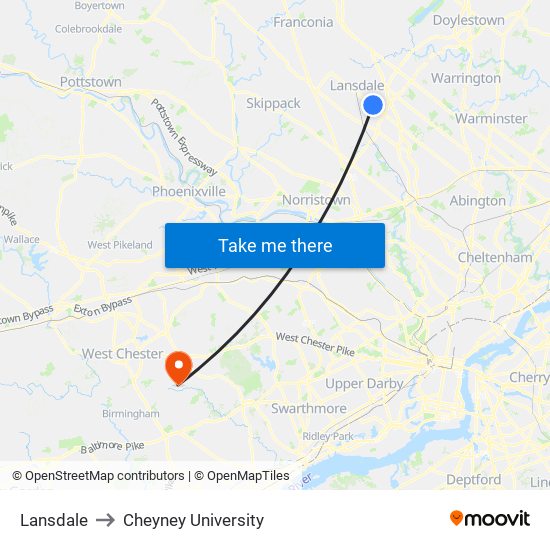 Lansdale to Cheyney University map