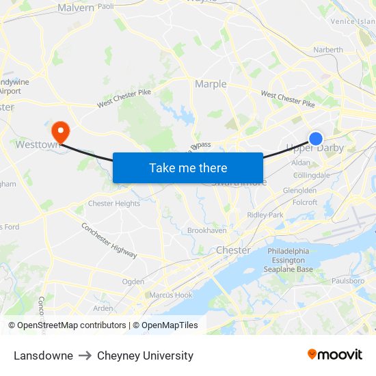 Lansdowne to Cheyney University map