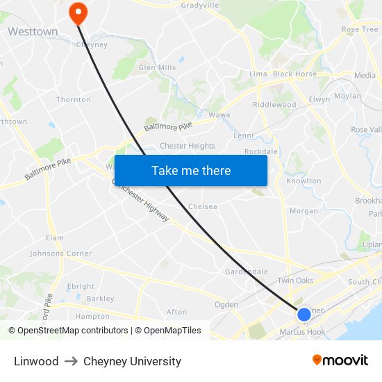 Linwood to Cheyney University map