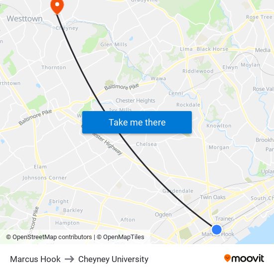 Marcus Hook to Cheyney University map
