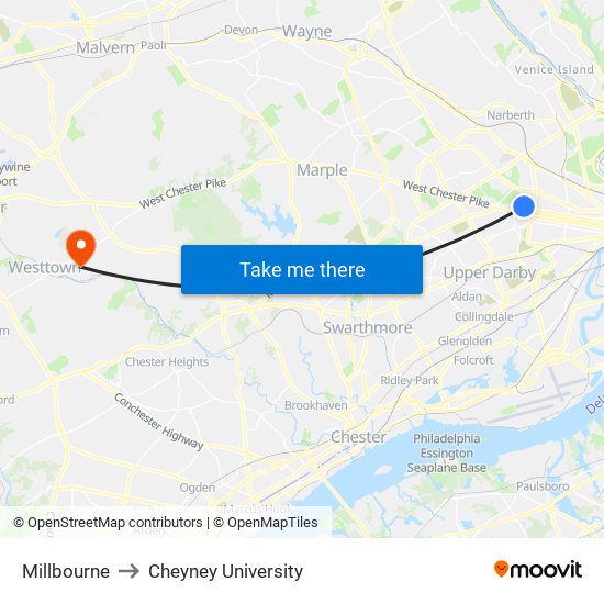 Millbourne to Cheyney University map
