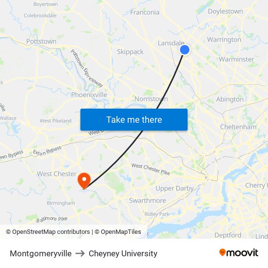 Montgomeryville to Cheyney University map