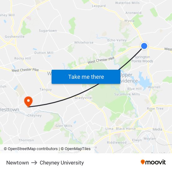 Newtown to Cheyney University map