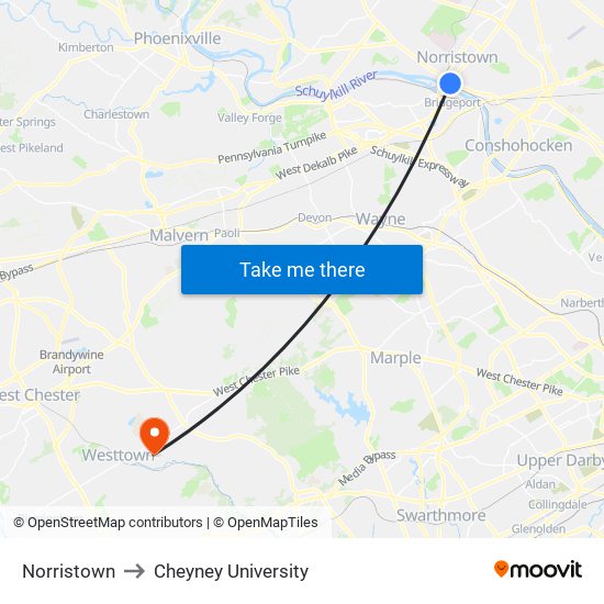 Norristown to Cheyney University map
