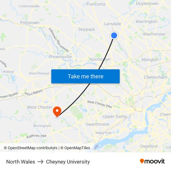 North Wales to Cheyney University map